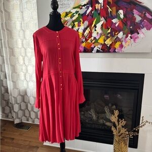 Red Buttoned Long Sleeve Sundress. No size tag. Ptp 19” lenght 41”